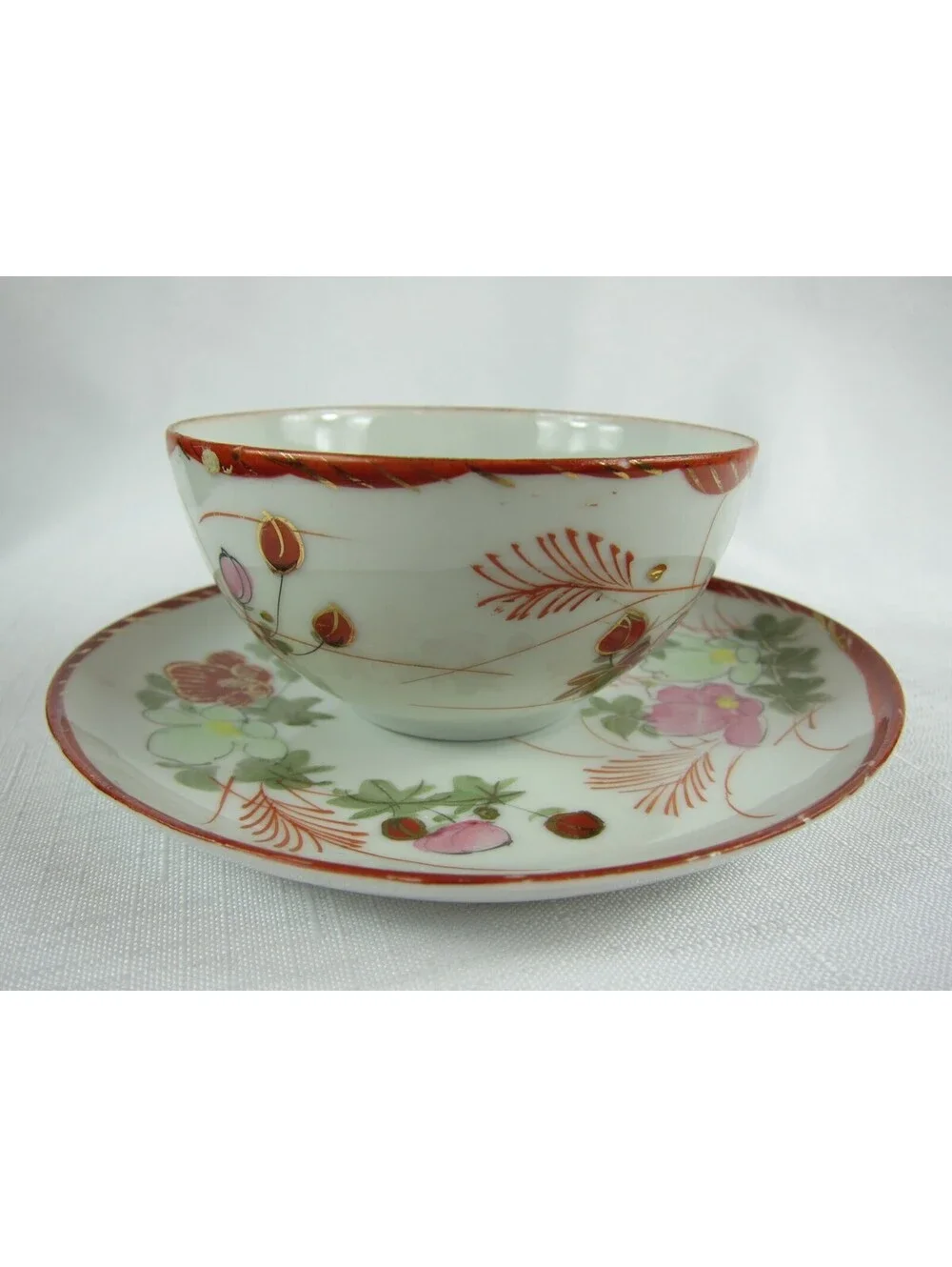 Antique Floral Red Pink Green & Gold Accent Tea Cup & Saucer Set Hand Painted